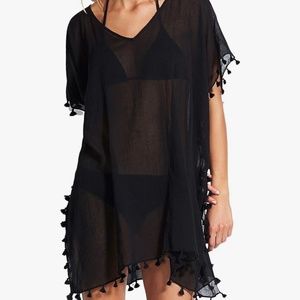 NWT! Seafolly,   Kaftan Tassel Trim Cover Up Dress. Black. O/S